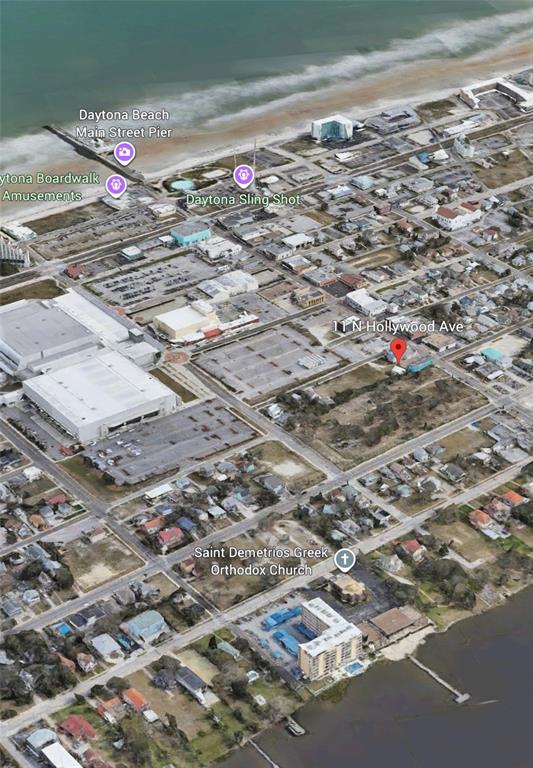 This is an aerial map view of a coastal area in Daytona Beach, Florida — 11 N HOLLYWOOD AVENUE, DAYTONA BEACH, FL