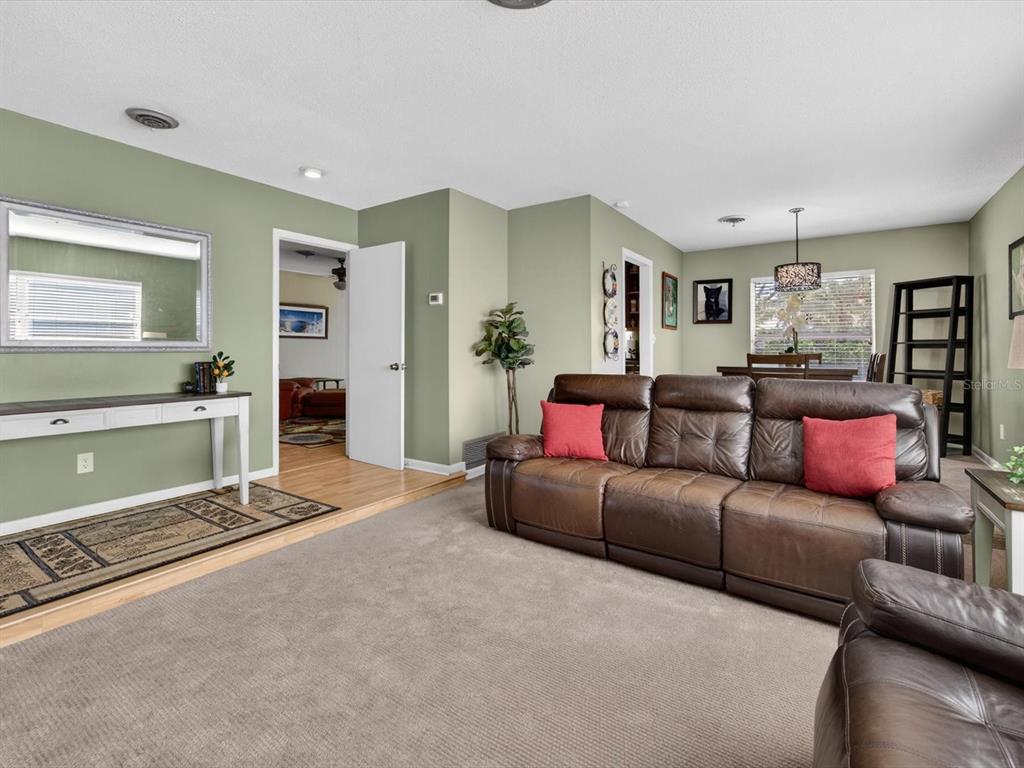 A living room with a brown leather sofa, sage green walls, and a white console table — 2803 BANCHORY ROAD, WINTER PARK, FL