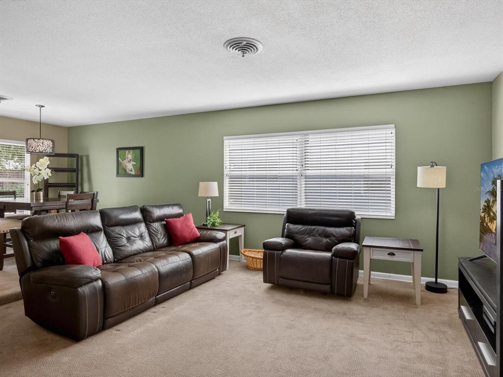 A living room features a brown leather sofa and armchair on beige carpet with green walls — 2803 BANCHORY ROAD, WINTER PARK, FL