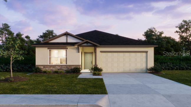 A digital rendering of a single-story suburban house with a two-car garage and stone accents — 898 BUCKEYE DRIVE, LADY LAKE, FL