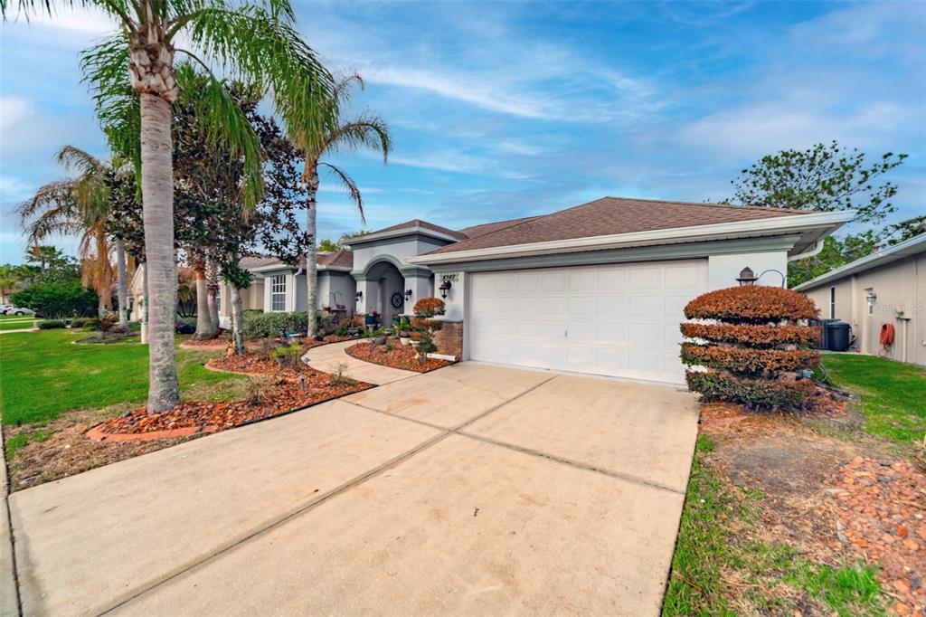 A single-story house with a white garage door, a concrete driveway, and palm trees — 4347 GEVALIA DRIVE, BROOKSVILLE, FL