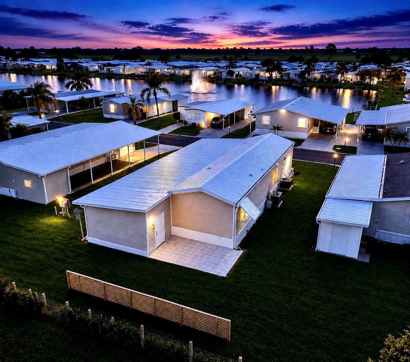 An aerial view of a mobile home community at dusk with a central pond — 1601 SE Us Highway 441 # 22, Okeechobee FL 34974, OKEECHOBEE, FL