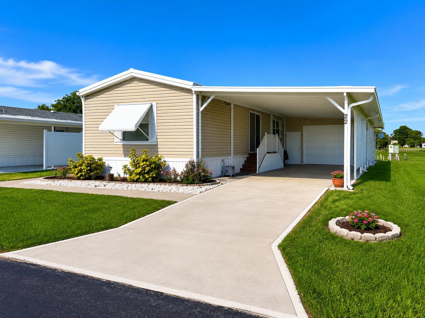 A tan mobile home with a carport, concrete driveway, and landscaped front yard — 1601 SE Us Highway 441 # 22, Okeechobee FL 34974, OKEECHOBEE, FL