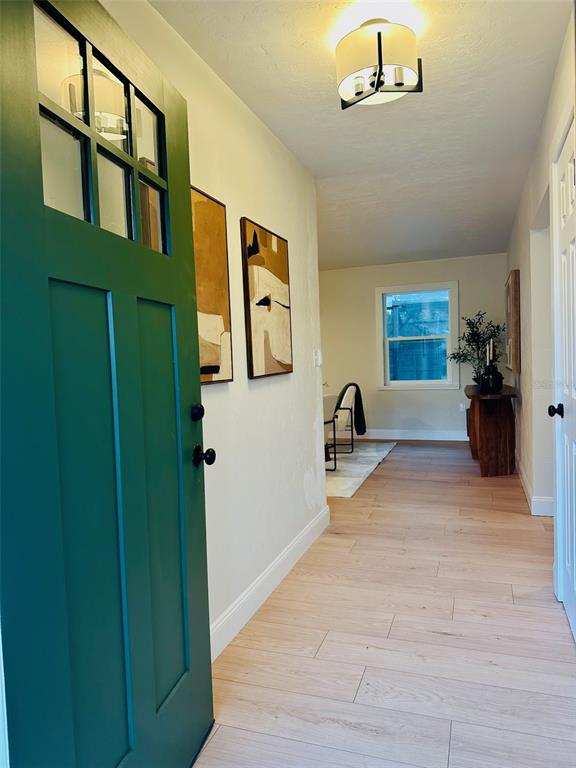 A green front door opens into a hallway with light wood floors and abstract art — 25426 SW 18TH AVENUE, NEWBERRY, FL