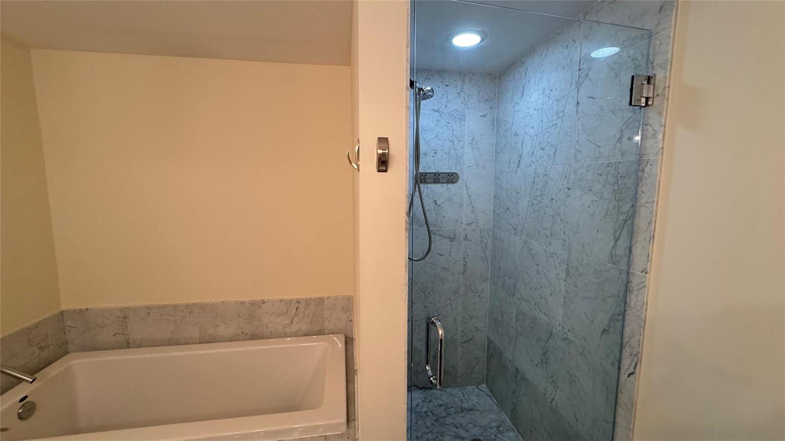 A bathroom features a white bathtub next to a glass-enclosed shower with marble-tiled walls — 253 NE 2nd Street # 3208, Miami FL 33132, MIAMI, FL