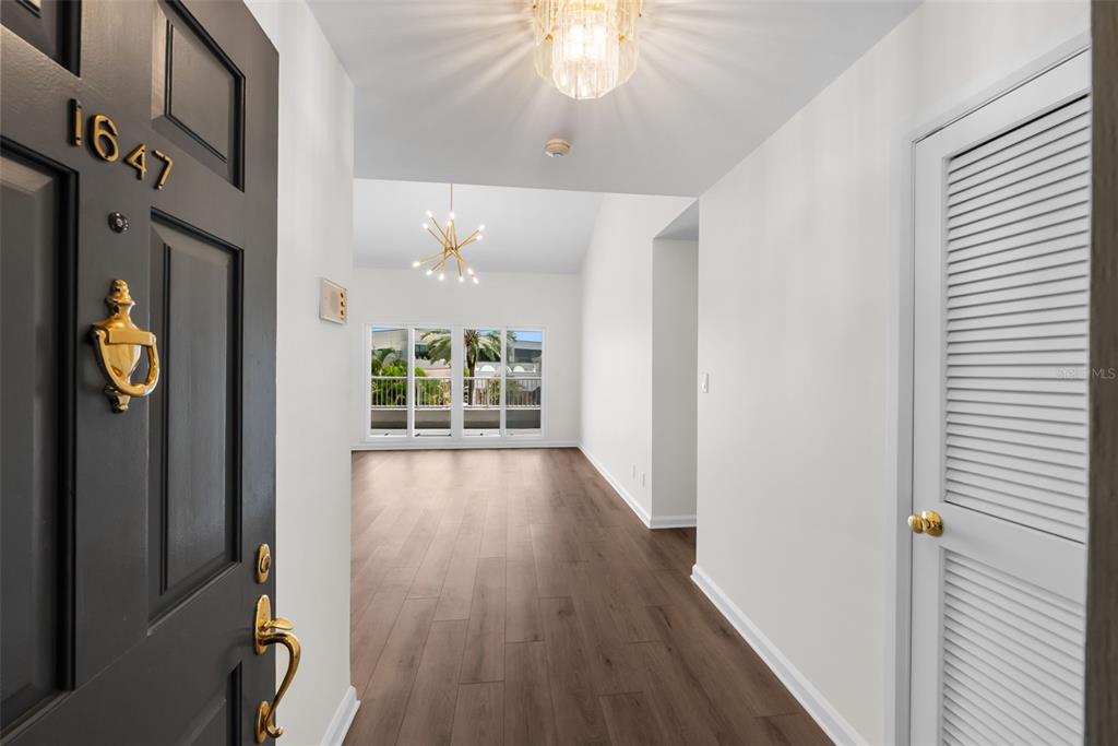 An entryway with dark wood flooring leads to a living area with a large window — 1647 W SNOW CIRCLE UNIT 204, TAMPA, FL
