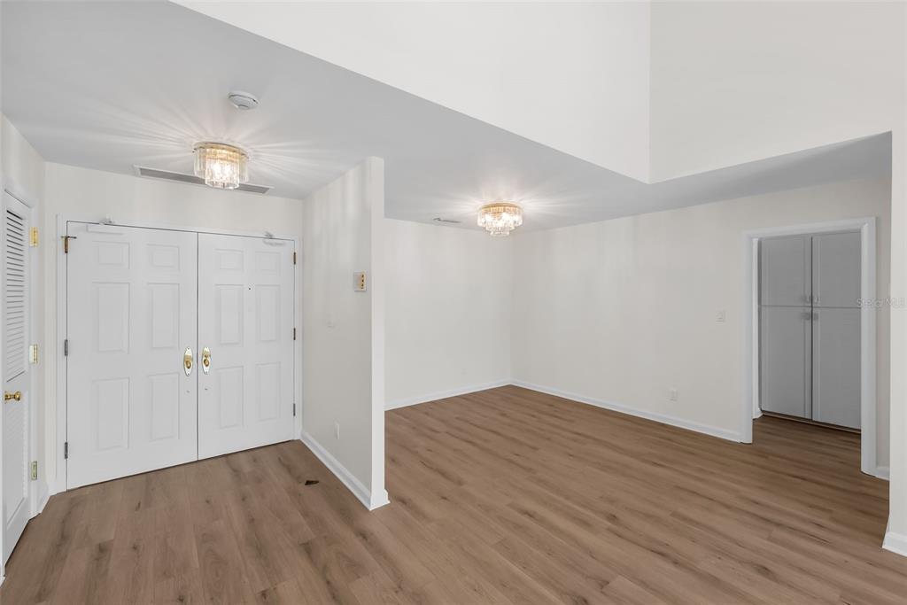 An entryway with light wood-look flooring, white walls, and two crystal flush-mount ceiling lights — 1647 W SNOW CIRCLE UNIT 204, TAMPA, FL