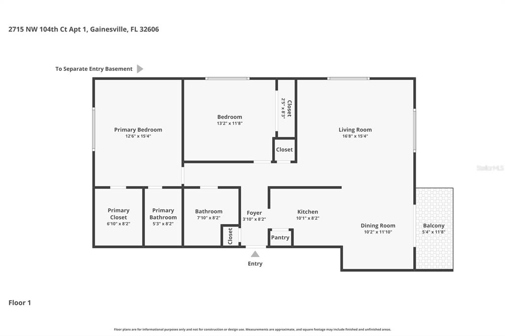 This is a floor plan for a two-bedroom apartment with a balcony and two bathrooms — 2715 NW 104TH COURT UNIT 1, GAINESVILLE, FL