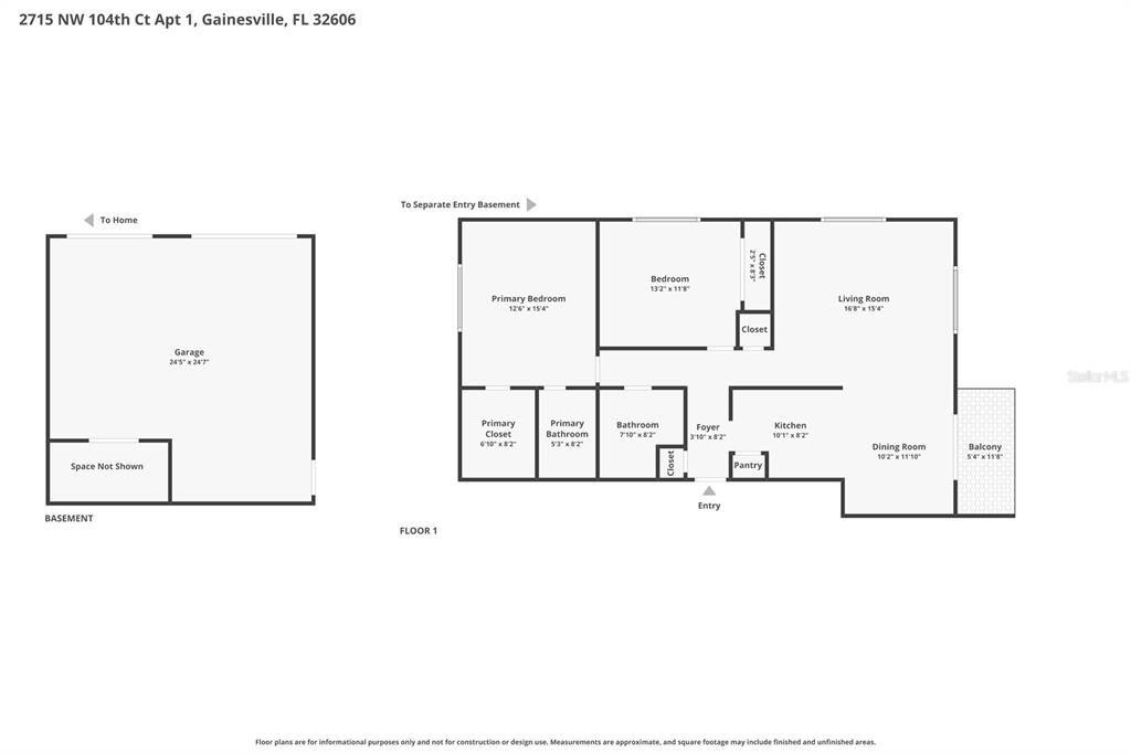 This is a floor plan showing a basement with a garage and a main floor layout — 2715 NW 104TH COURT UNIT 1, GAINESVILLE, FL