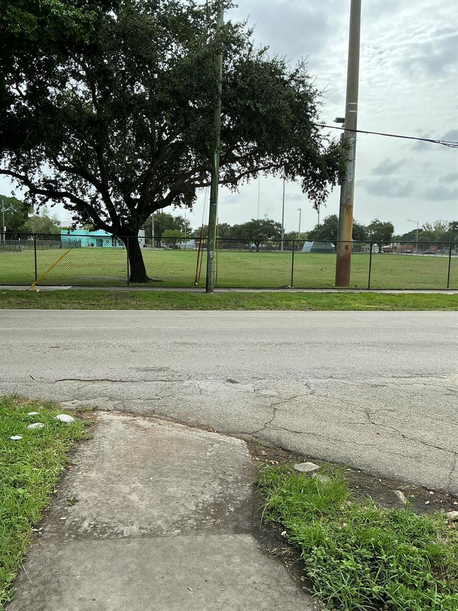 A view of a grassy field enclosed by a chain-link fence near a paved road — 5207 Fletcher Street, Hollywood FL 33021, HOLLYWOOD, FL