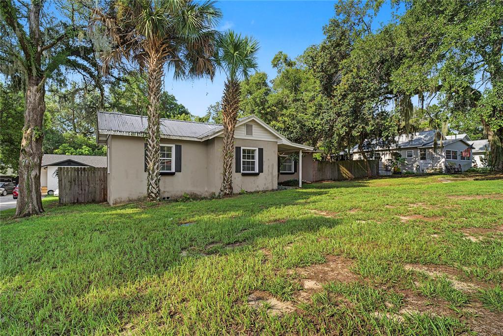 A single-story house with a metal roof and two palm trees in the front yard — 205 E FOUNTAIN STREET, FRUITLAND PARK, FL