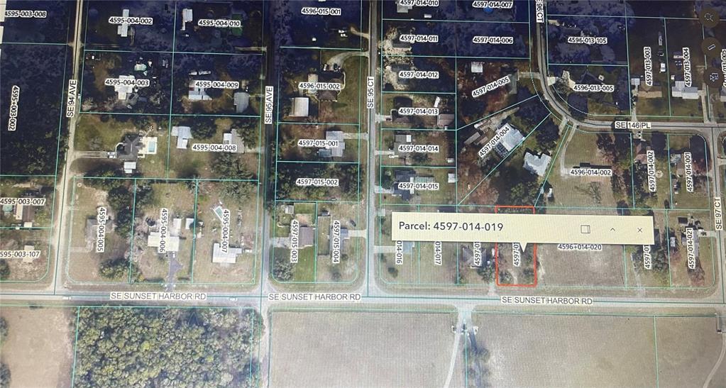 This is a map showing property parcel boundaries and road layouts in a residential area — TBD SE SUNSET HARBOR ROAD, SUMMERFIELD, FL