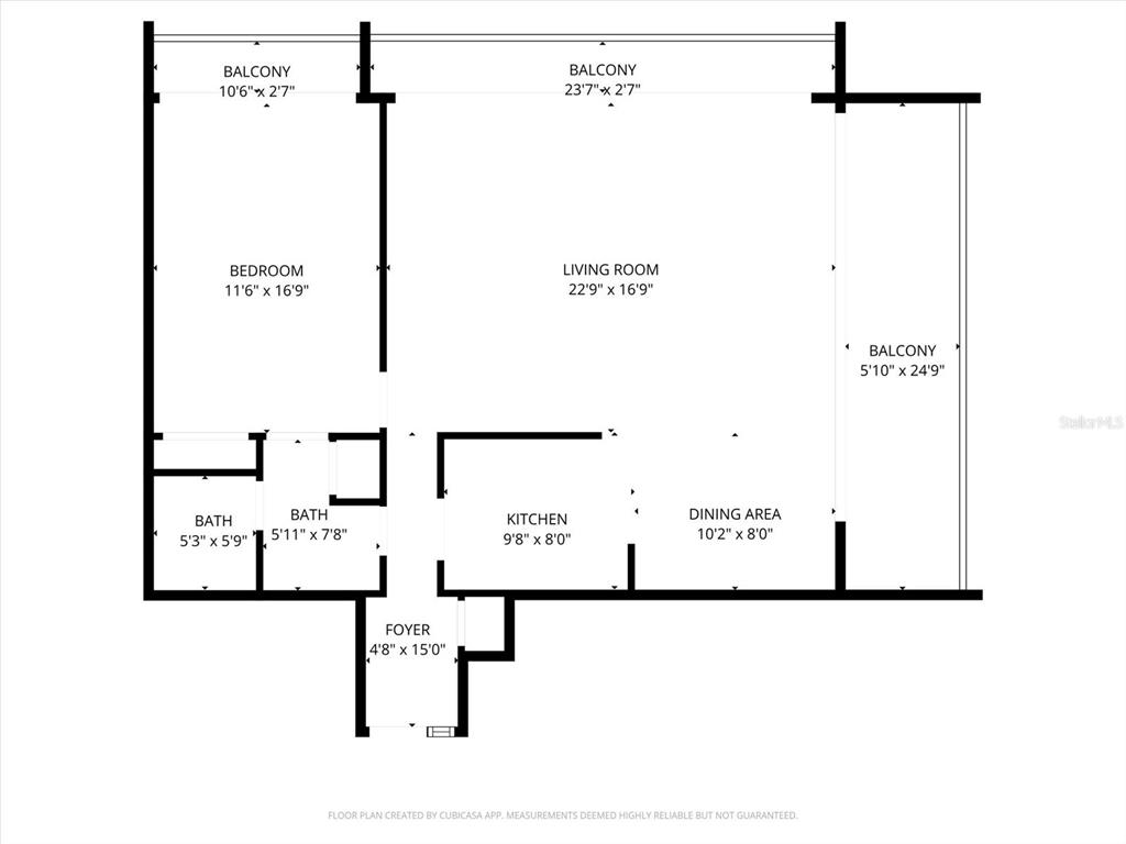 This is a floor plan for a one-bedroom apartment with three balconies — 5400 OCEAN BOULEVARD UNIT 9-4, SARASOTA, FL