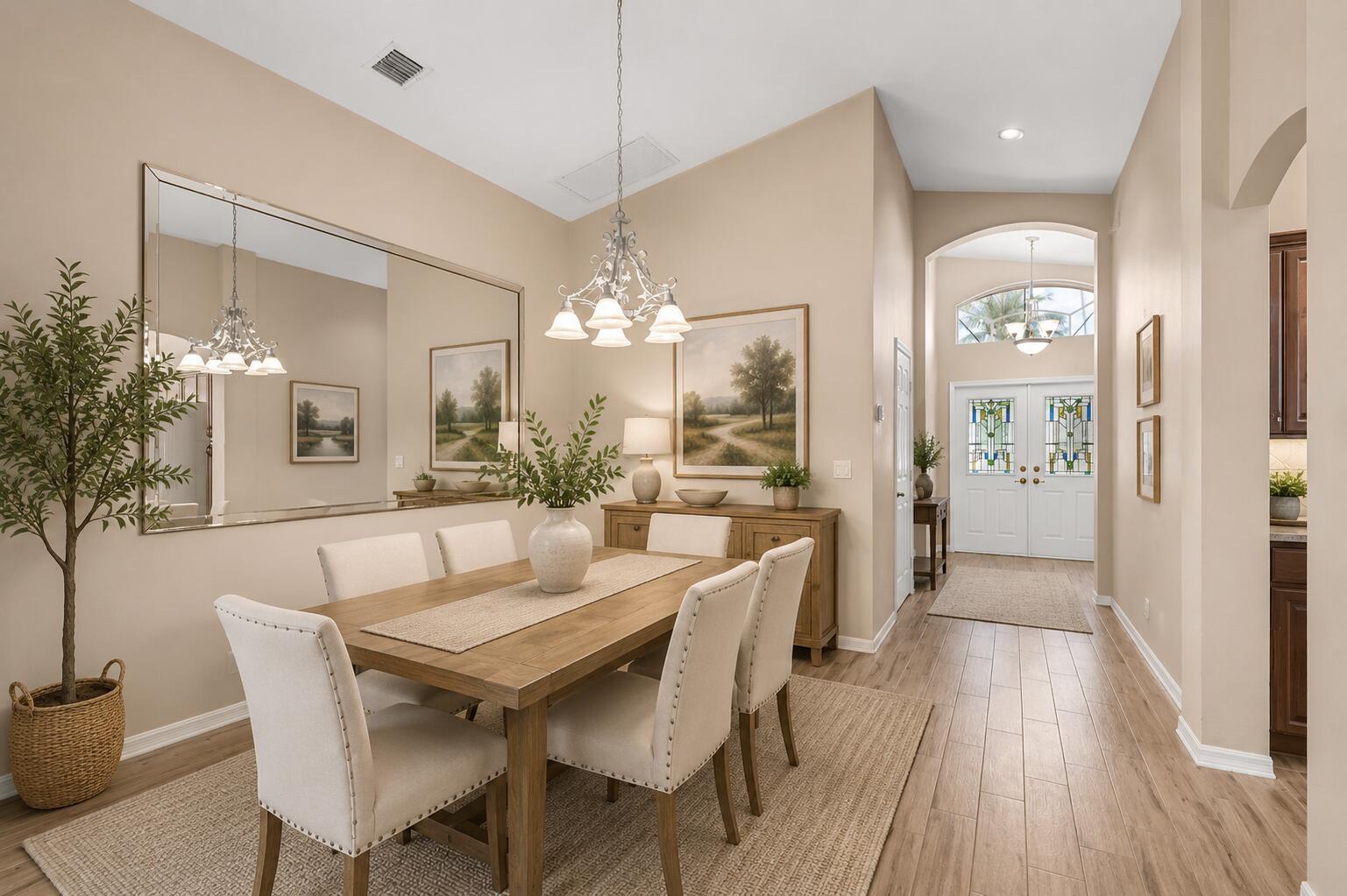 A dining room with a wooden table, upholstered chairs, a large mirror, and a chandelier — 7818 Caprio Drive, Boynton Beach FL 33472, BOYNTON BEACH, FL