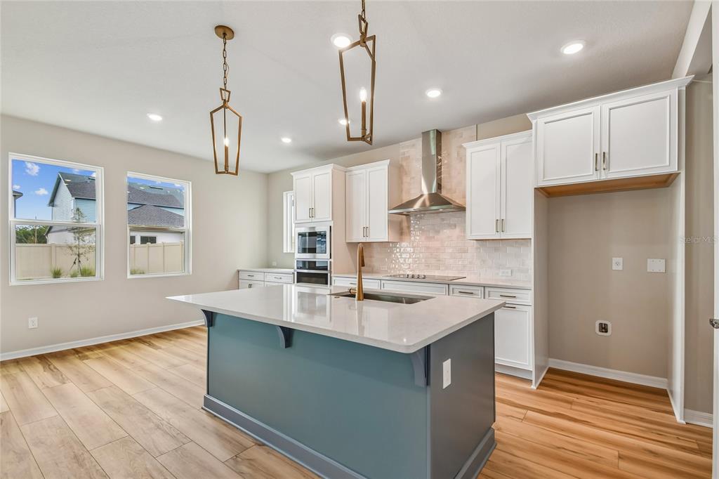 A kitchen features a blue island, white cabinets, stainless steel appliances, and light wood flooring — 5921 BRISTLE OAK STREET, MOUNT DORA, FL