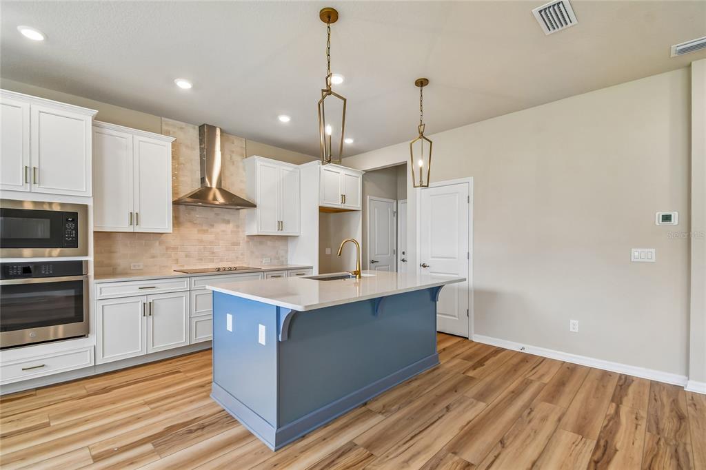A kitchen features white cabinets, a blue island, stainless steel appliances, and wood-look flooring — 5921 BRISTLE OAK STREET, MOUNT DORA, FL