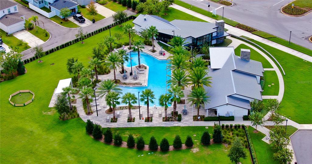 An aerial view shows a community swimming pool surrounded by palm trees and clubhouse buildings — 15371 CARAVAN AVENUE, ODESSA, FL