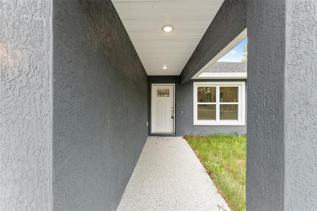 A covered entryway features a white front door, a speckled concrete walkway, and dark stucco walls — 10374 SE 126TH LANE, BELLEVIEW, FL