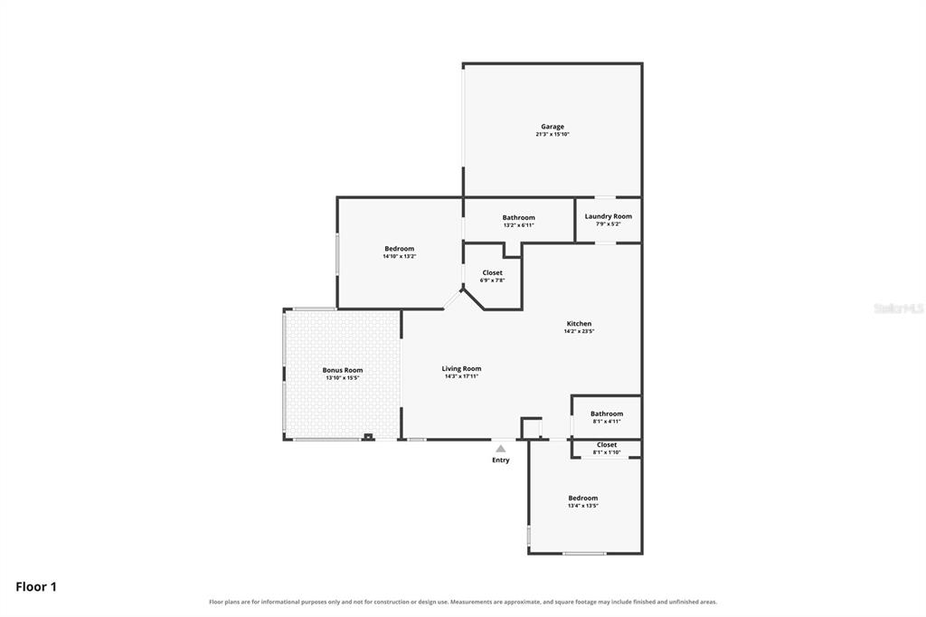 This is a floor plan for a single-story house with two bedrooms, a garage, and a bonus room — 1124 GOLFVIEW WOODS DRIVE UNIT na, SUN CITY CENTER, FL