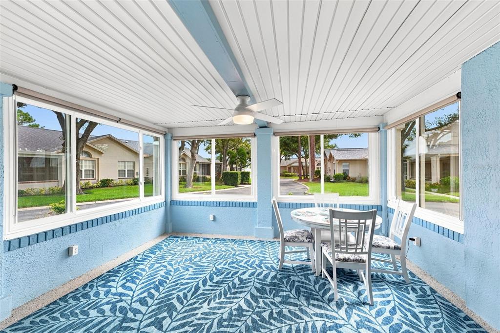 A light blue enclosed patio features a ceiling fan, dining set, and patterned area rug — 1124 GOLFVIEW WOODS DRIVE UNIT na, SUN CITY CENTER, FL