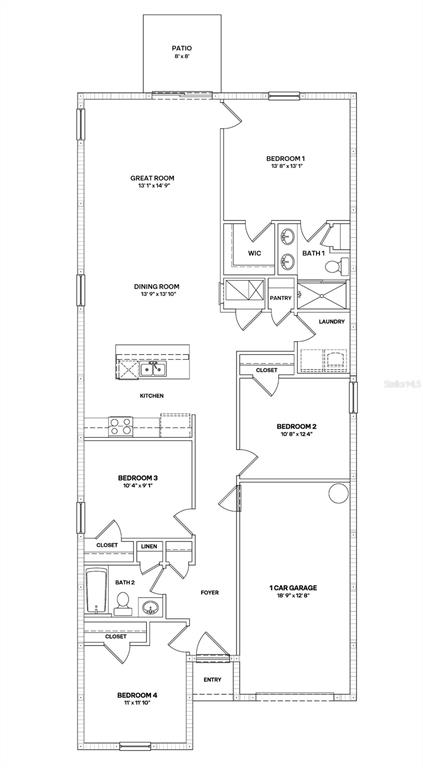 This is a floor plan for a four-bedroom, two-bathroom home with a one-car garage — 1661 14TH STREET S, ST PETERSBURG, FL