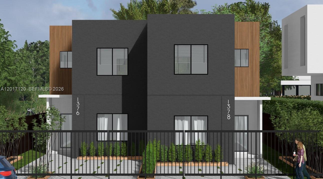 This is a rendering of a modern two-story duplex with dark gray and wood-paneled facades — 1376 NW 32nd St, Miami FL 33142, MIAMI, FL