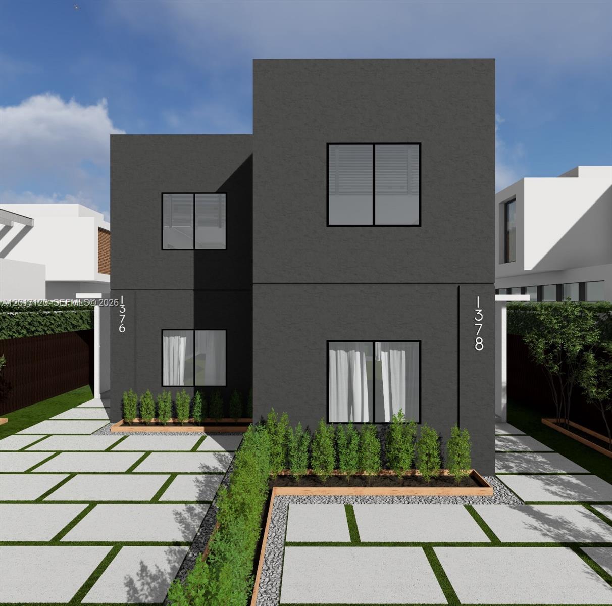 This is a digital rendering of a two-story, dark gray modern duplex with paved driveways — 1376 NW 32nd St, Miami FL 33142, MIAMI, FL