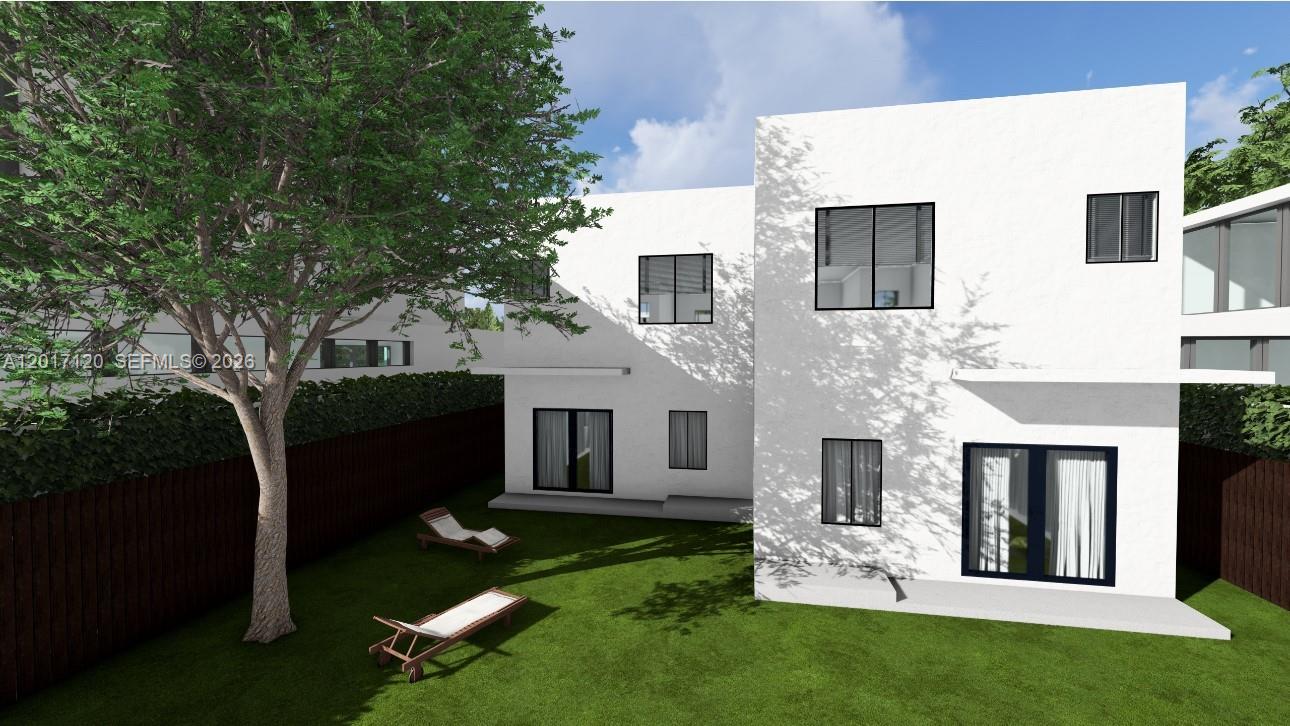 This is a digital rendering of the exterior of a modern white two-story house — 1376 NW 32nd St, Miami FL 33142, MIAMI, FL
