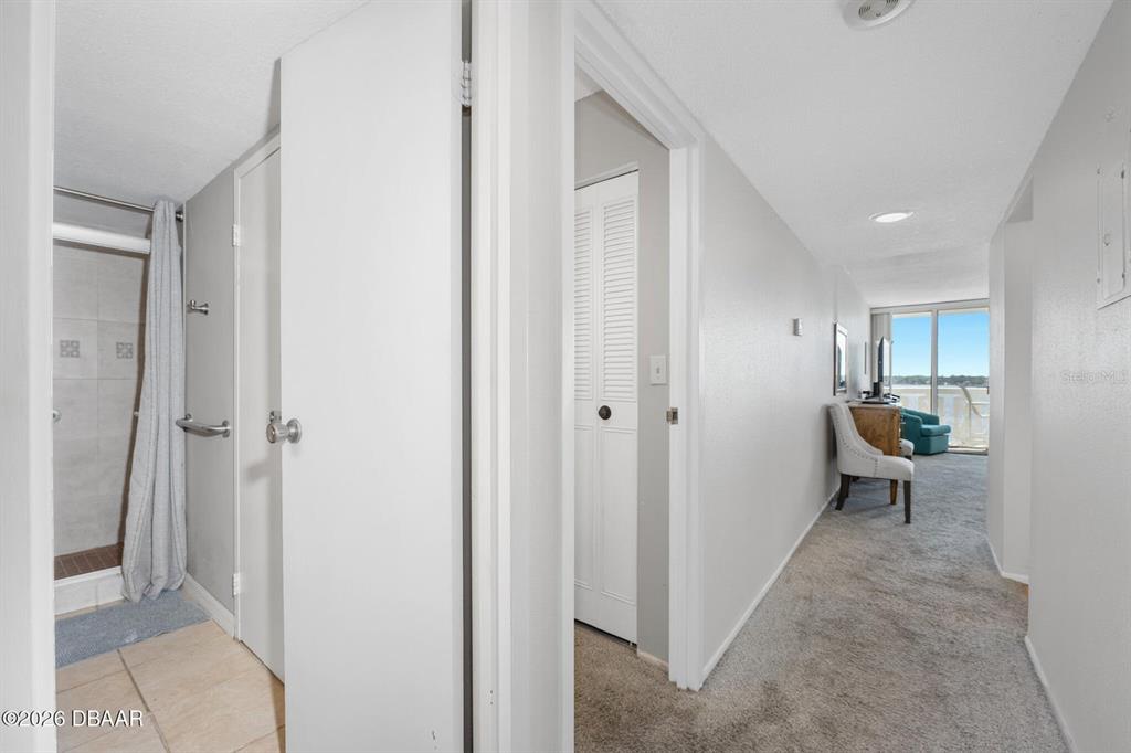 A hallway with carpeted flooring leads toward a room with a view of water — 925 N HALIFAX AVENUE UNIT 204, DAYTONA BEACH, FL