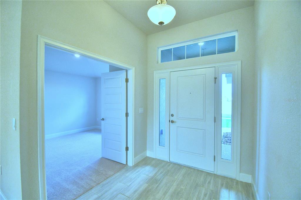 A gray front door with a black light fixture sits under a covered entryway — 1249 TAGLIAMENTO LANE, HAINES CITY, FL