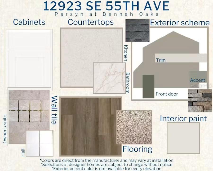 This design board displays material and color selections for home cabinets, countertops, flooring, and exterior finishes — 12923 SE 55TH AVENUE, BELLEVIEW, FL
