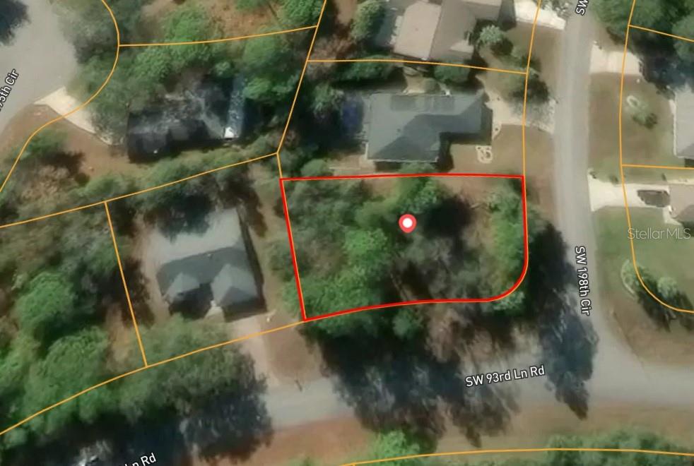 This is an aerial map view of a vacant, wooded residential lot — 0 SW 198TH CIRCLE, DUNNELLON, FL
