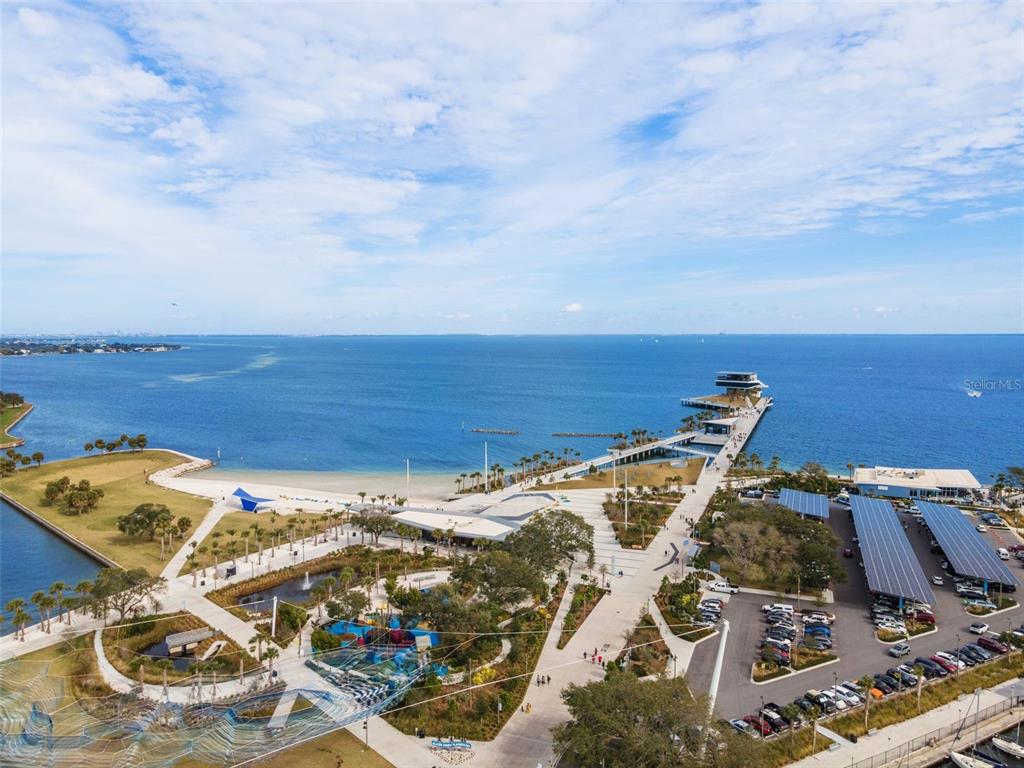 An aerial view of the St. Pete Pier featuring a park, beach, and long pier — 100 BEACH DRIVE NE UNIT 1501, ST PETERSBURG, FL