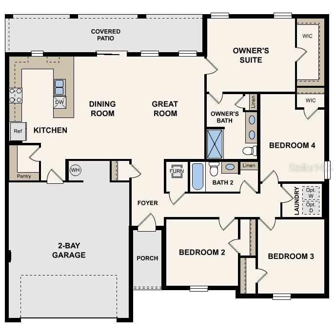 This floor plan shows a four-bedroom, two-bathroom house with a two-bay garage and covered patio — 2227 NW 23RD ROAD, OCALA, FL