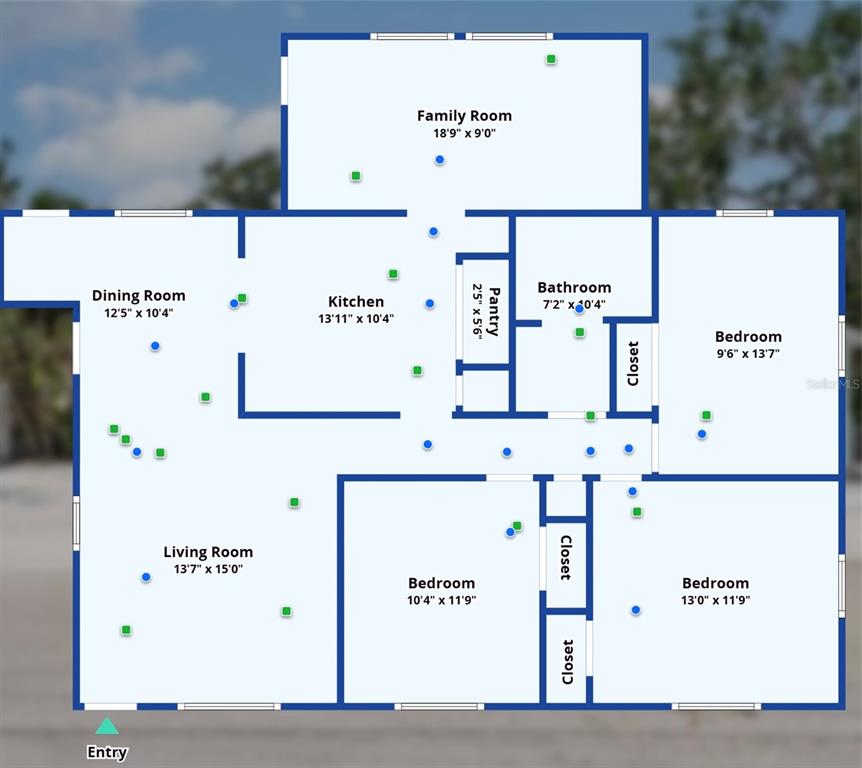 This is a floor plan showing a single-story home with three bedrooms and two bathrooms — 5026 CALLE MINORGA, SARASOTA, FL