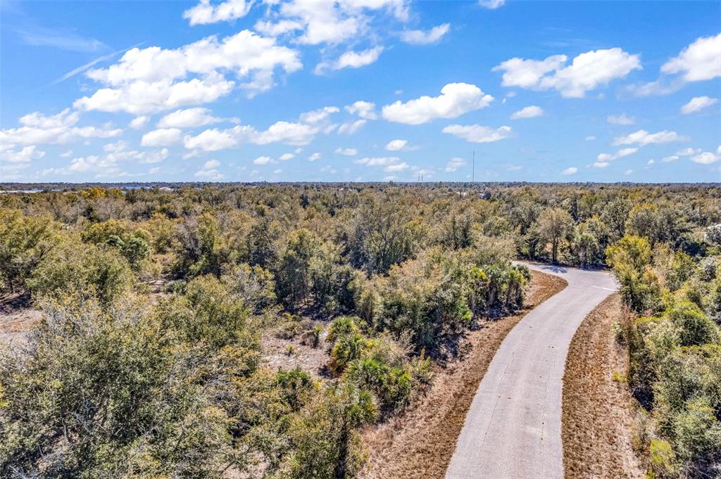 An aerial view shows a paved road curving through a dense, wooded landscape under clouds — 7124 OBRIEN LANE, PORT CHARLOTTE, FL