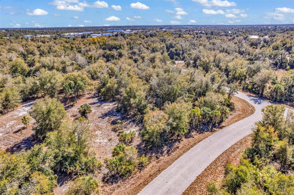 An aerial view shows a paved road curving past a wooded, undeveloped lot — 7124 OBRIEN LANE, PORT CHARLOTTE, FL