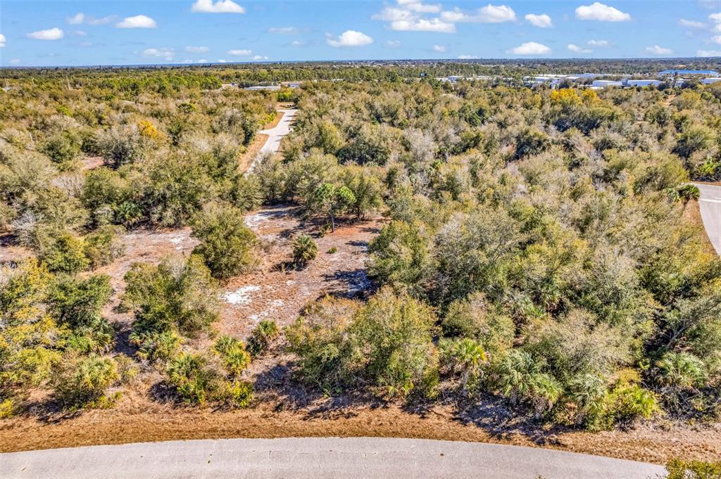 An aerial view of a vacant, wooded residential lot with a paved road in front — 7124 OBRIEN LANE, PORT CHARLOTTE, FL
