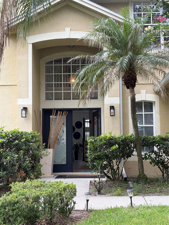 The exterior of a house features a front entrance with a palm tree and landscaping — 8040 SOLITAIRE COURT, ORLANDO, FL