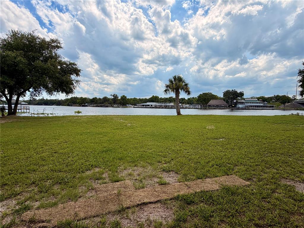 A grassy lawn overlooks a lake with a palm tree and distant buildings — 1570 RIVEREDGE COURT, ASTOR, FL