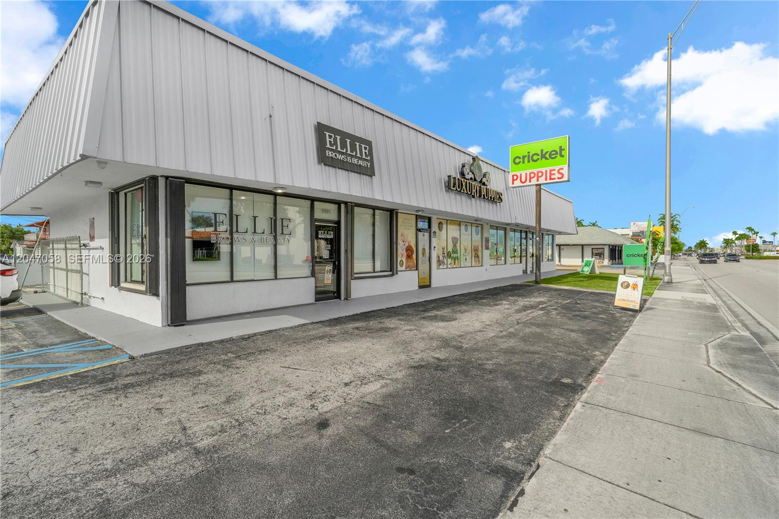 A commercial building exterior features storefronts for a beauty salon and a puppy store — 8981 SW 40th St, Miami FL 33165, MIAMI, FL