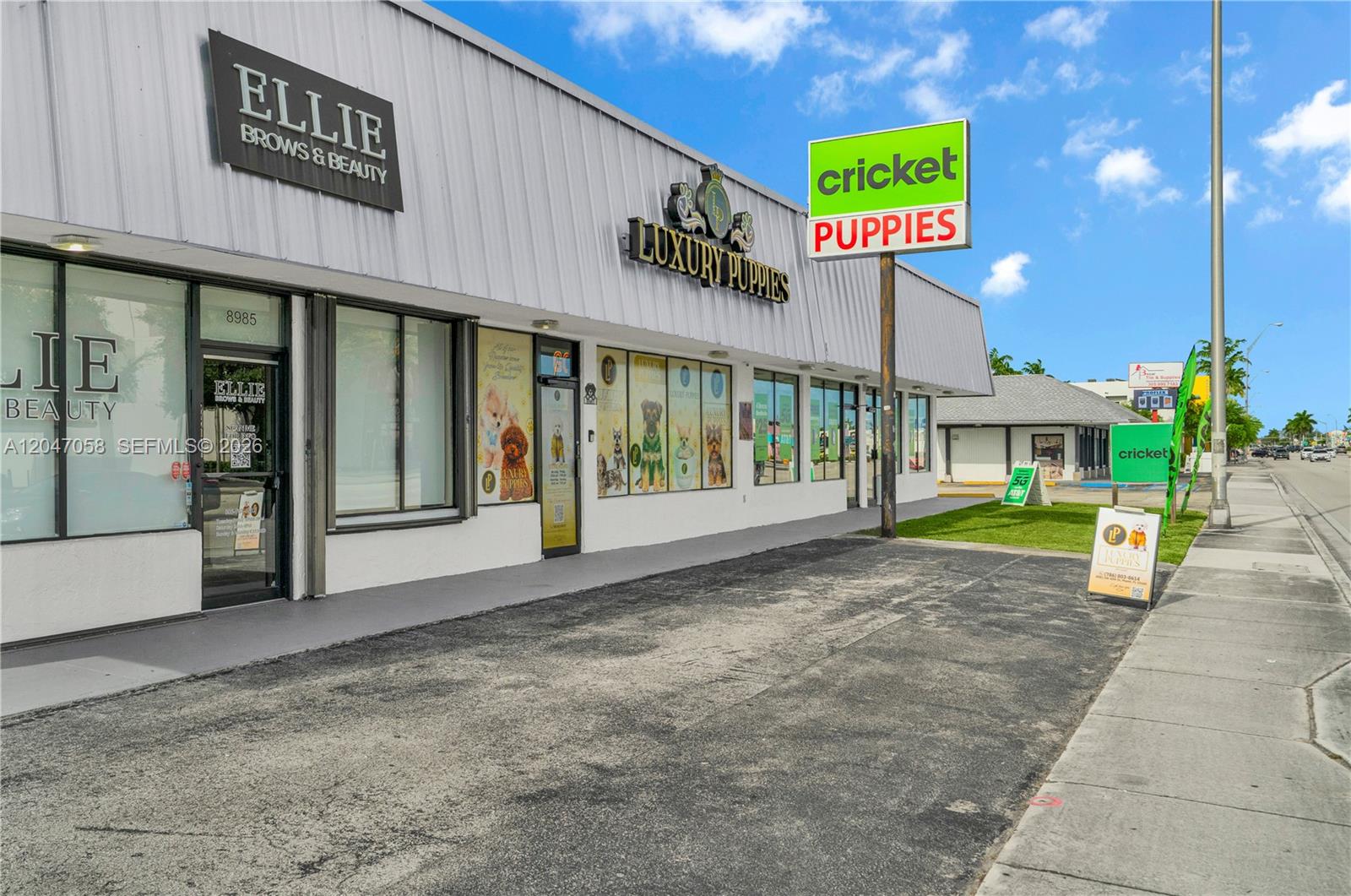 The exterior of a commercial strip mall features a beauty salon and a puppy store — 8981 SW 40th St, Miami FL 33165, MIAMI, FL