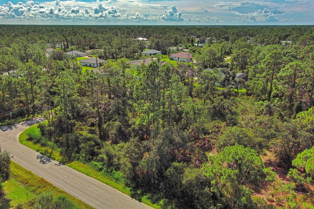 An aerial view shows a wooded, undeveloped lot next to a paved road and houses — CASANOVA AVENUE, NORTH PORT, FL