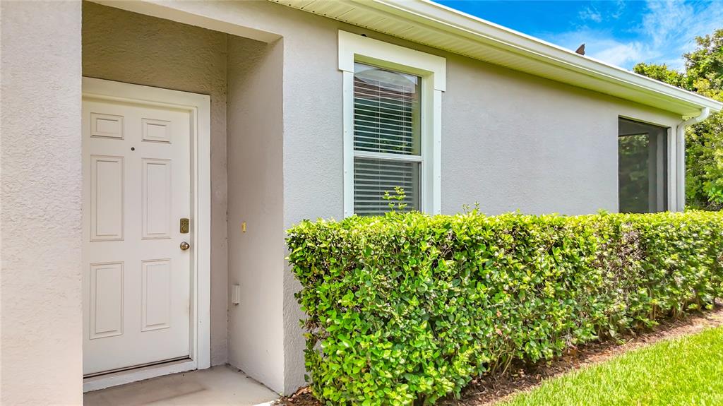 A white front door sits beside a window and a manicured hedge on a house — 7434 SURREY PINES DRIVE, APOLLO BEACH, FL