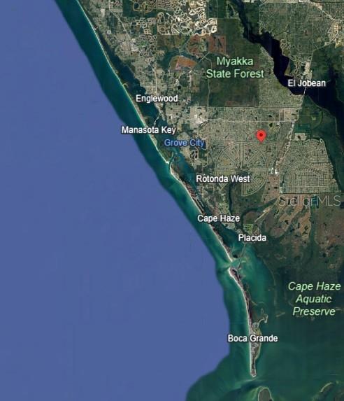 This is a satellite map showing the coastal region of Rotonda West, Florida — 270 ALBATROSS ROAD, ROTONDA WEST, FL