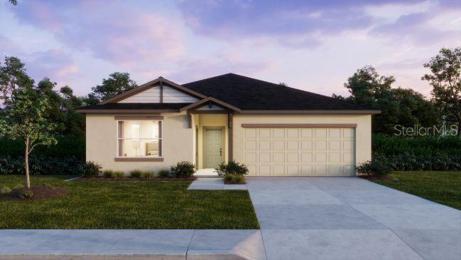 A digital rendering of a single-story suburban house with a two-car garage and driveway — 8651 OAKSTONE CIRCLE, LEESBURG, FL