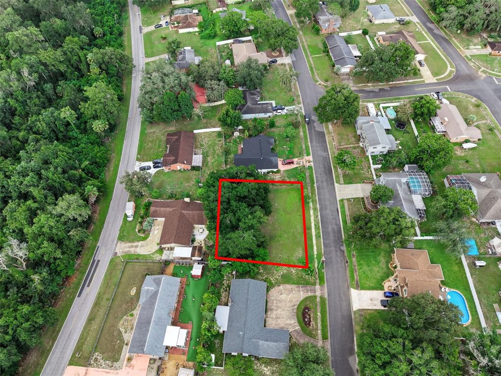 An aerial view shows a vacant, partially wooded residential lot outlined in red — SAIL FISH AVENUE, FRUITLAND PARK, FL