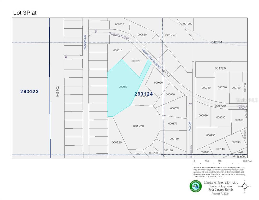 This is a property tax map showing parcel boundaries, road names, and lot numbers — Lot #3 MEADOWLARK BOULEVARD, INDIAN LAKE ESTATES, FL