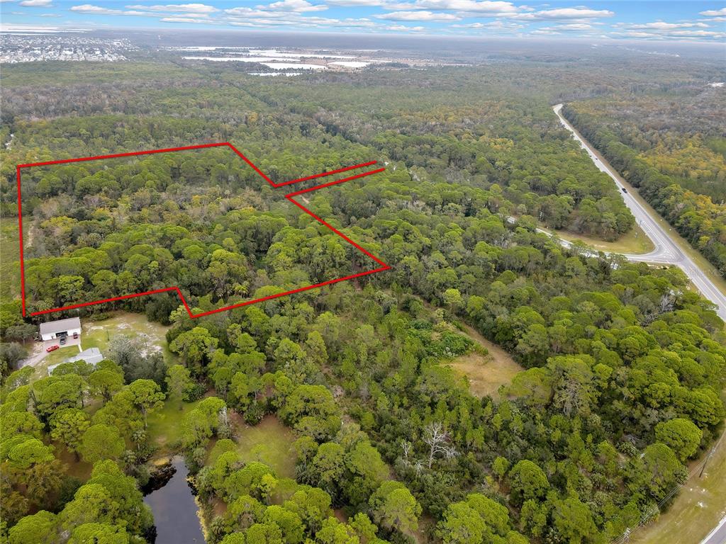 An aerial view shows a large, wooded plot of land outlined in red near a road — SHOAL LINE BOULEVARD, SPRING HILL, FL