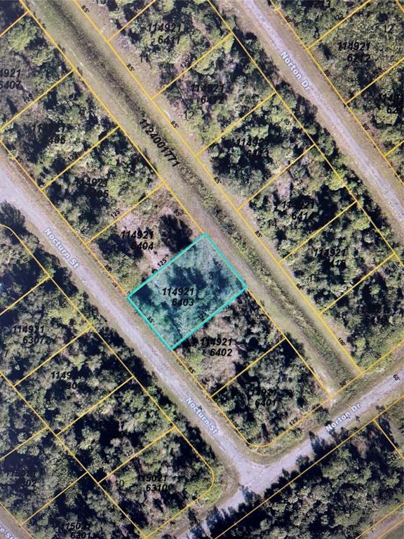 This is an aerial map showing a highlighted vacant lot situated between two roads — NOCTURN STREET, NORTH PORT, FL